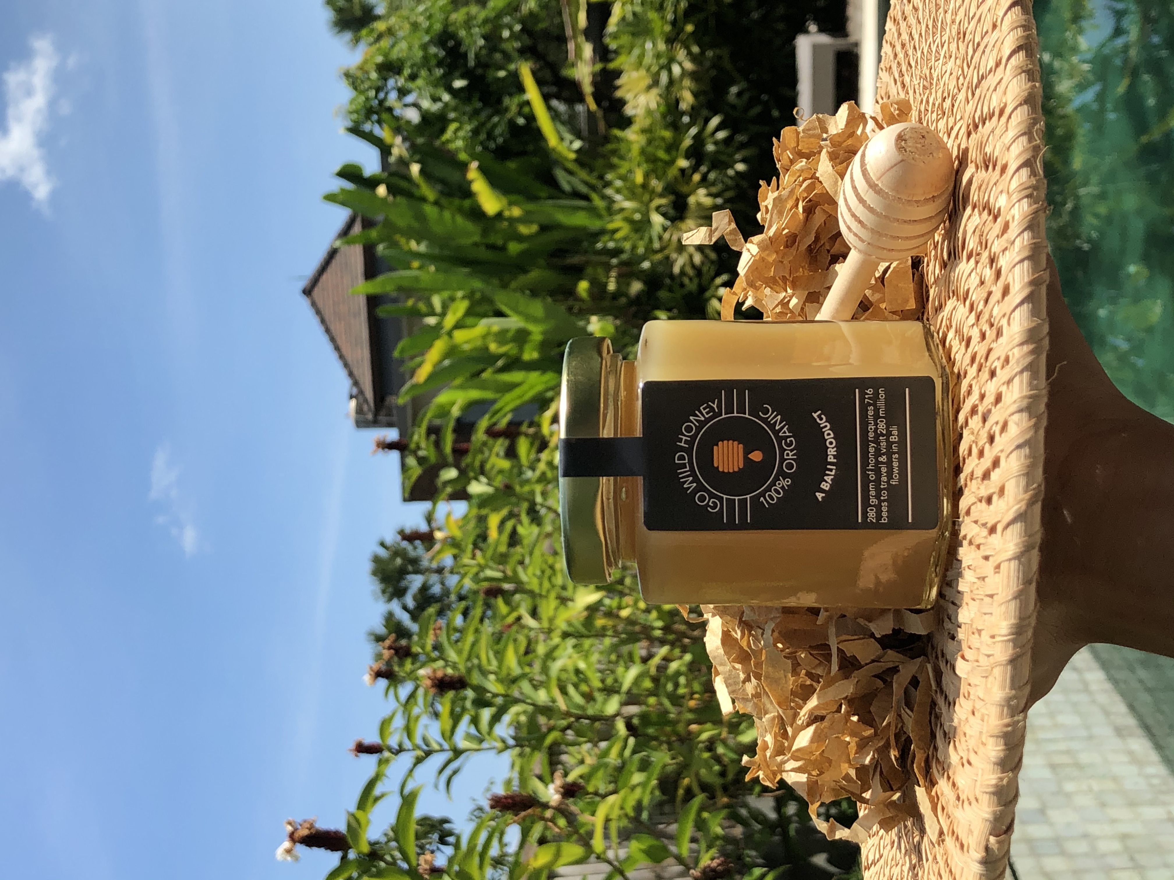 Go Wild Honey Bali honey jar in warm light